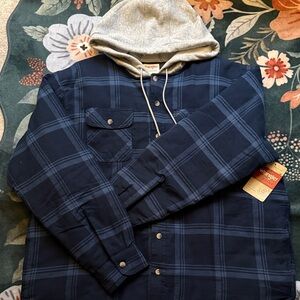 Wrangler Men's Blue Plaid Jacket with Gray Hood
